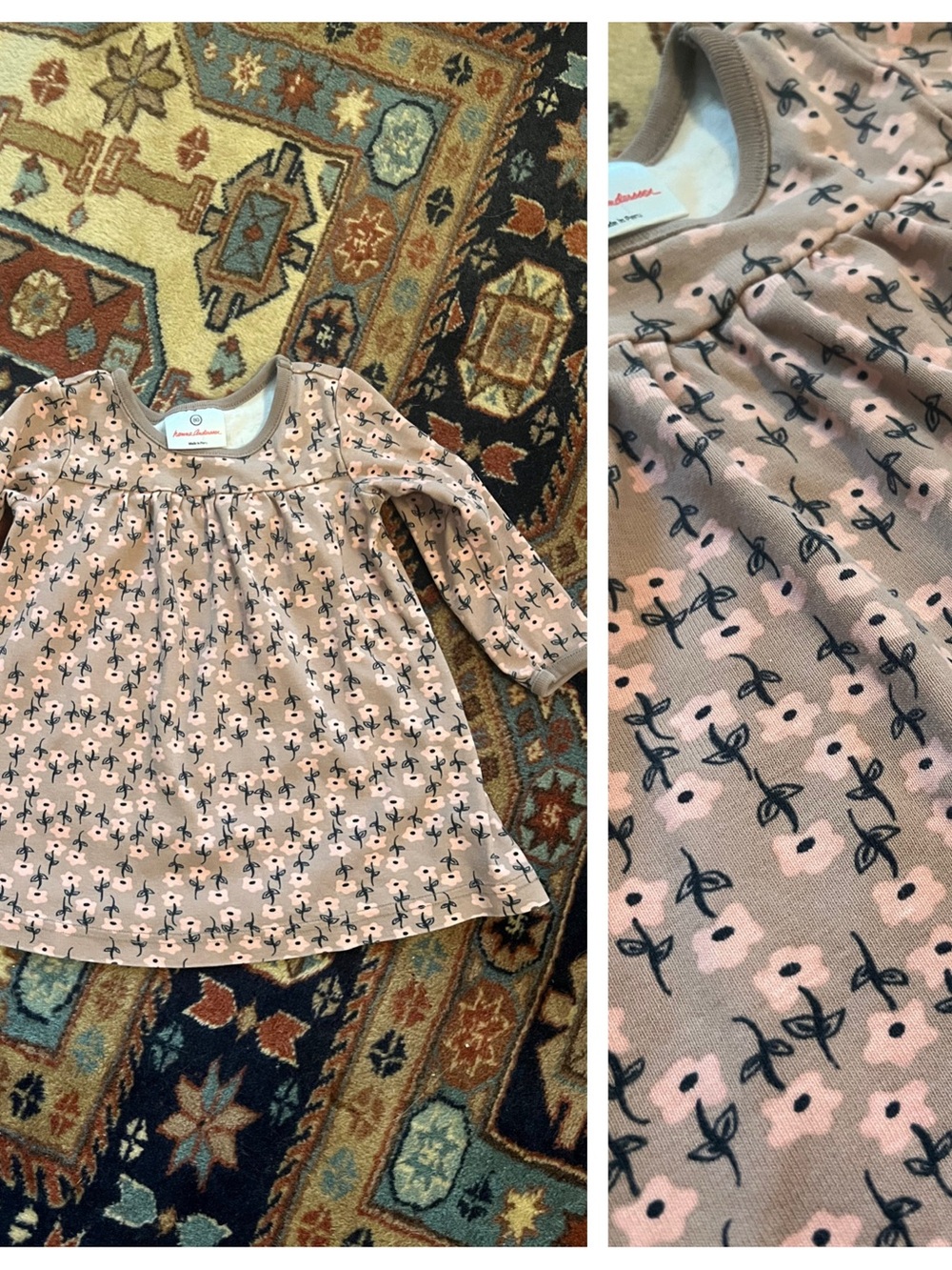 Hanna Andersson brown Pink Floral Long-Sleeve cotton Dress 80 12-18m